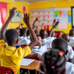 A modern classroom setting with children in uniform seated at their desks _ Premium AI-generated image